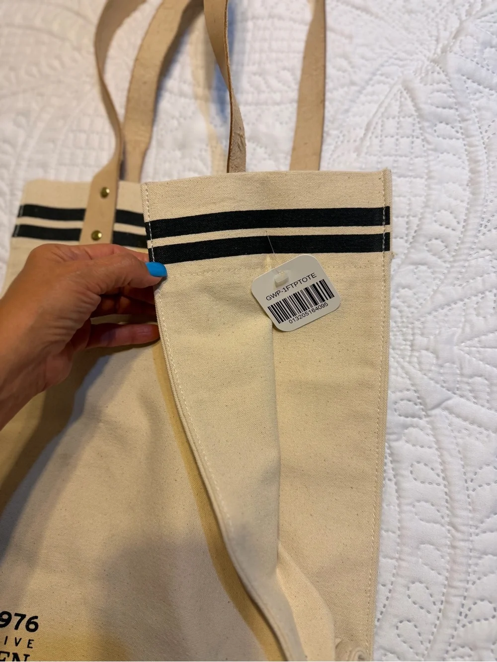 Citizen Natural Canvas Tote with Black Stripe and Tan Straps NWT